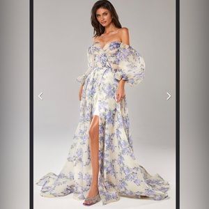 Hydrangea Elegant floral puff sleeve maxi dress